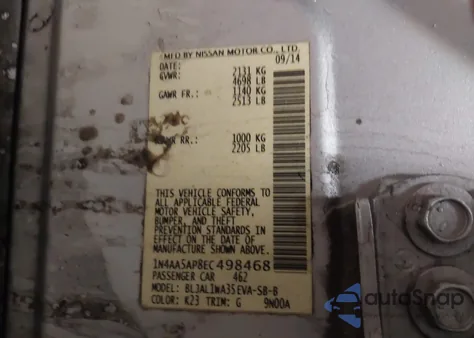 2014 Nissan Maxima 3.5 Sv из США, поврежденный, VIN 1N4AA5AP8EC498468